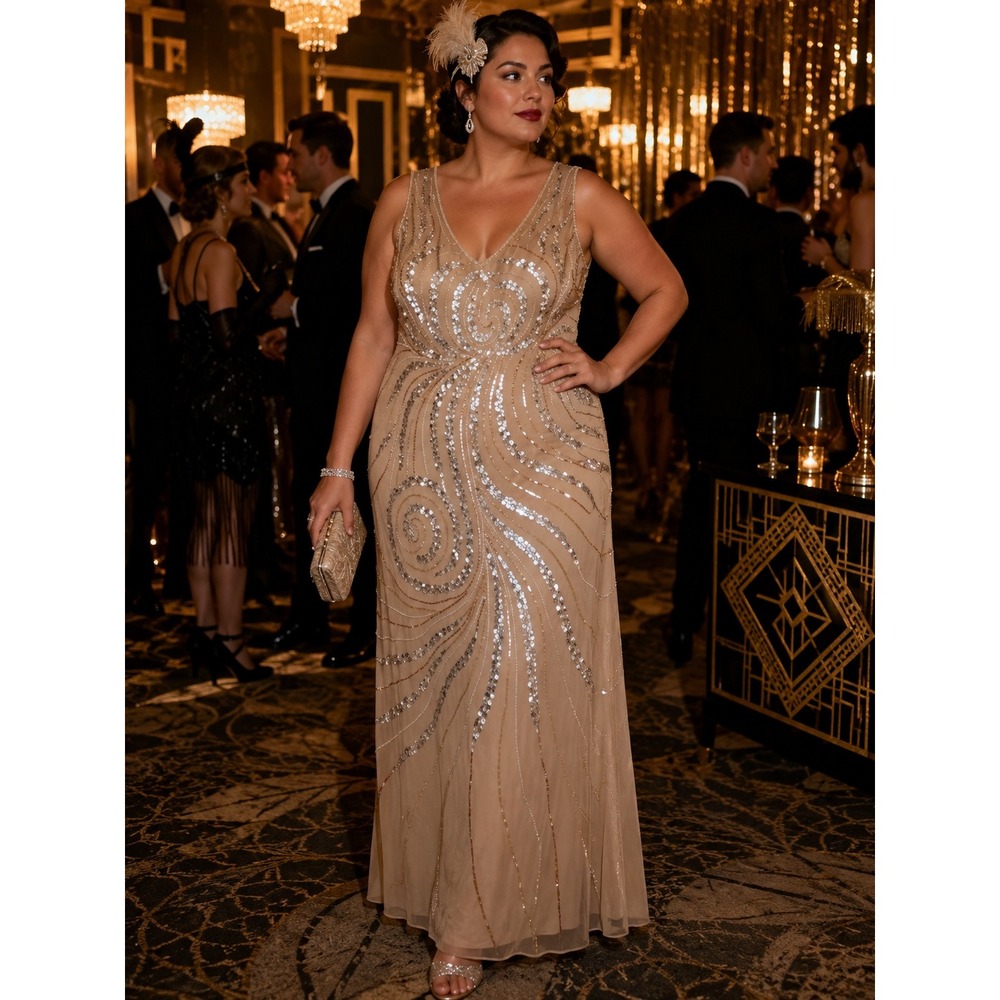 Midnight Velvet Beaded Art Deco Formal Gown Size 1X Champagne Nude Sequin Dress